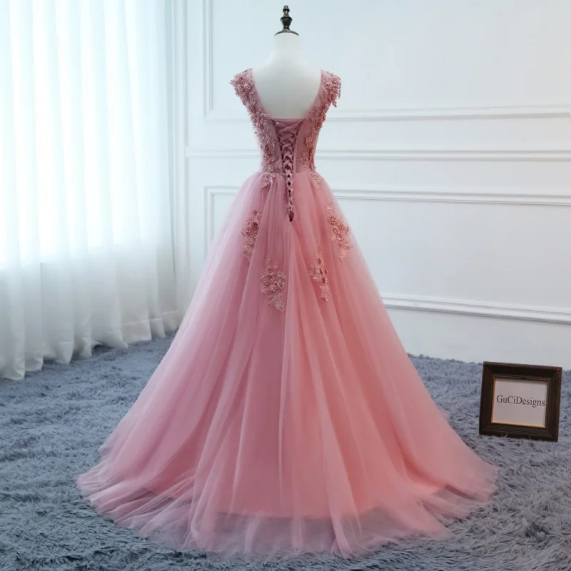 Pink Tulle Beads Prom Dress Bridesmaid Dress Sexy Prom Dress