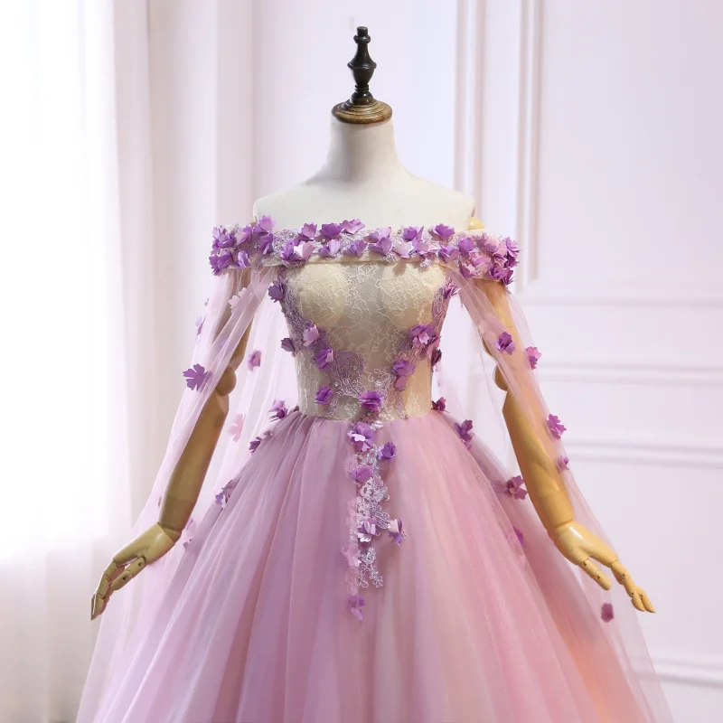 Purple Tulle Flowers Prom Dress Bridesmaid Dress Sexy Prom Dress