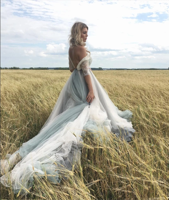 Grey Blue Long Tulle Bridal Dress Prom Dress