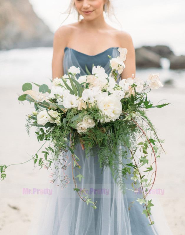 Grey Blue Lace Tulle Wedding Dress