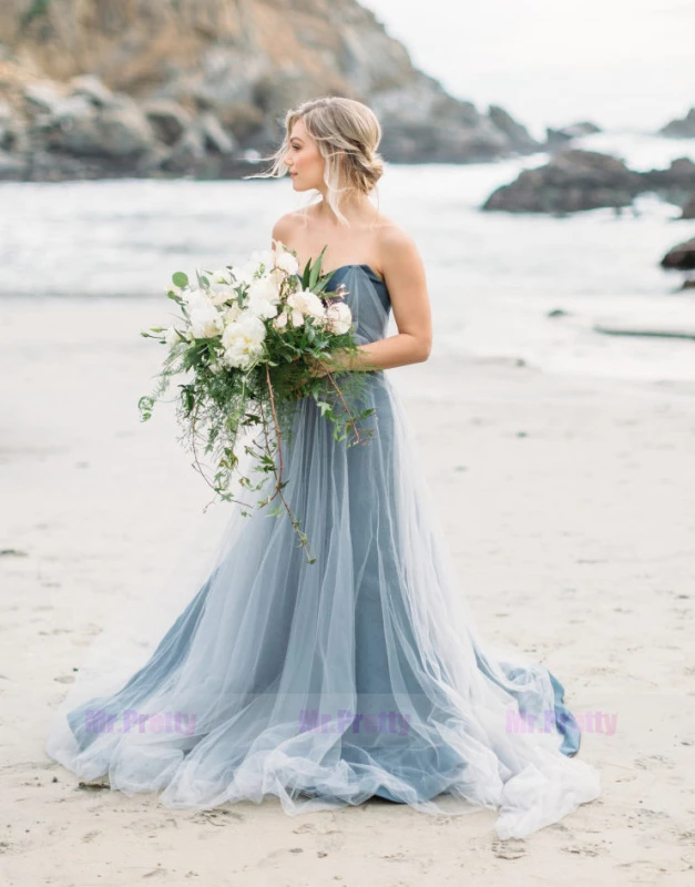 Grey Blue Lace Tulle Wedding Dress