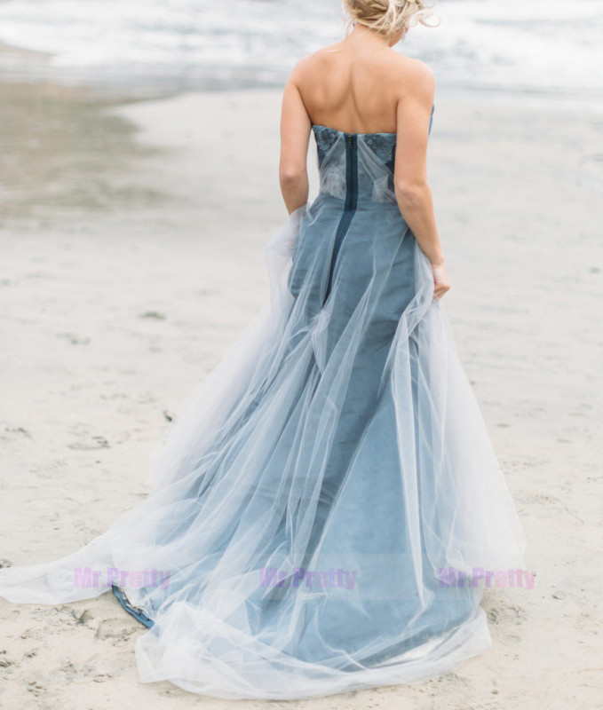 Grey Blue Lace Tulle Wedding Dress