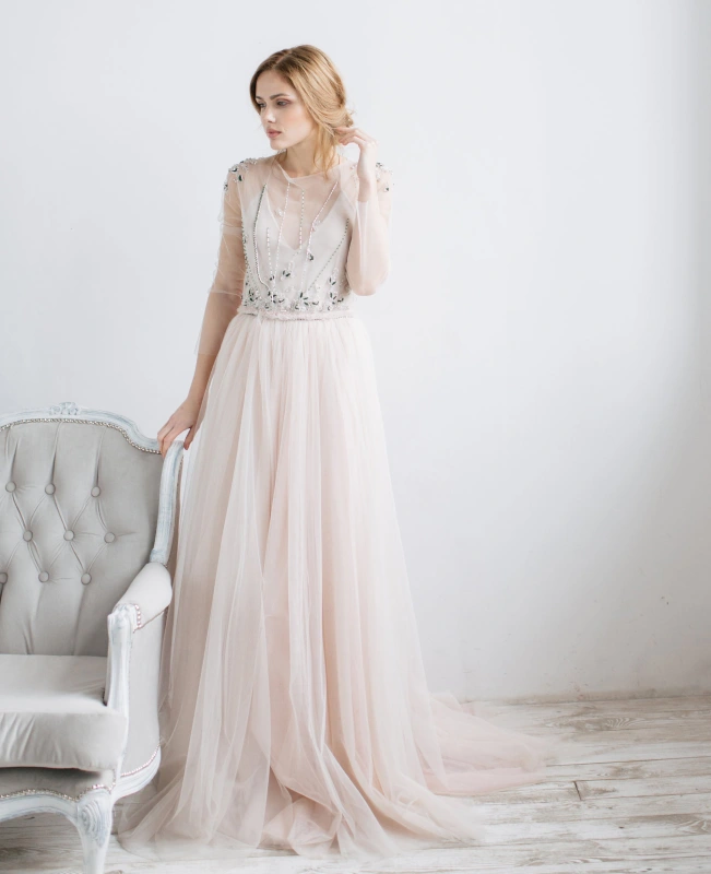 Blush Champagne Tulle Wedding Skirt 2 Pieces Wedding Dress