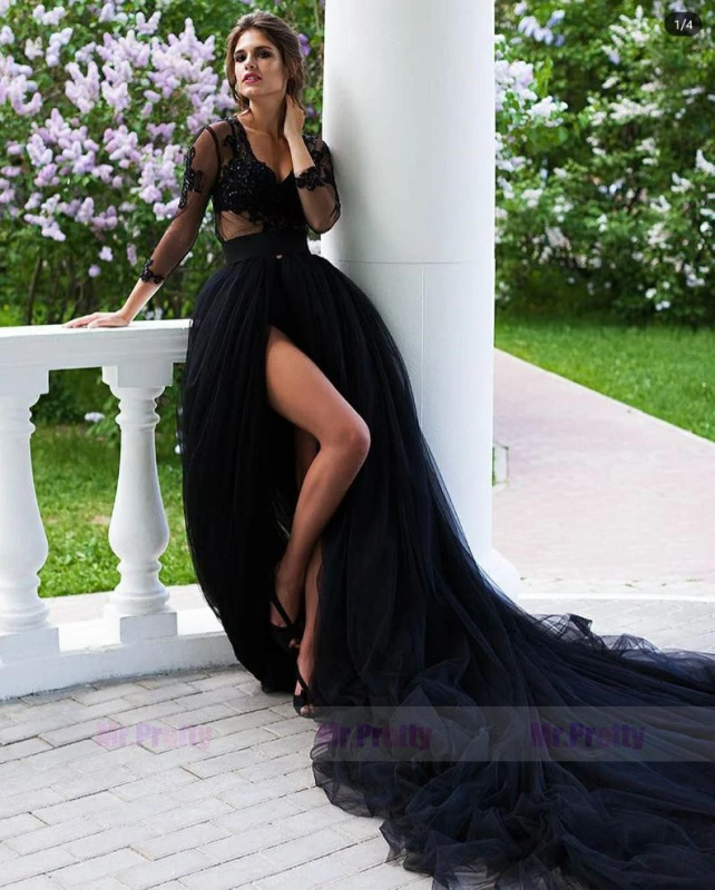 Black One Size Open Waist Long Train Bridal Skirt 2 Pieces Gown