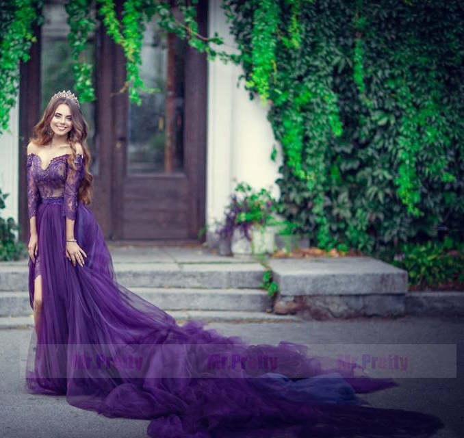 Purple One Size Open Waist Long Train Bridal Skirt 2 Pieces Gown