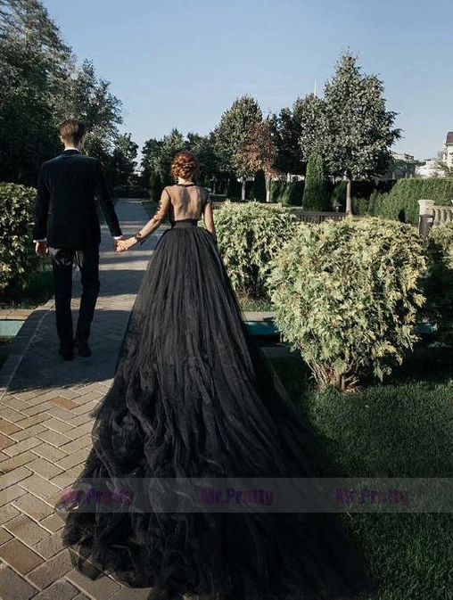 Black One Size Open Waist Long Train Bridal Skirt 2 Pieces Gown