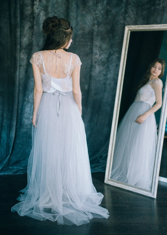 Grey Blue  Lace Tulle Skirt  2 Pieces Weddng Gown