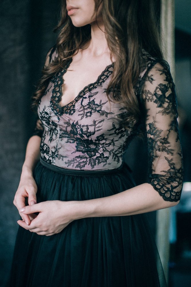 Black Lace Tulle Skirt  2 Pieces Weddng Gown