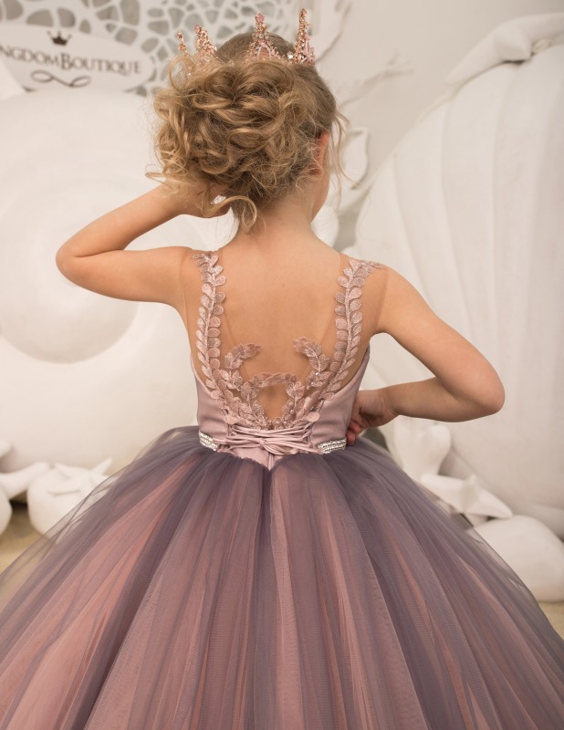 Navy Blue/Mauve  Lace Tulle Flower Girl Dress Pageant Dress