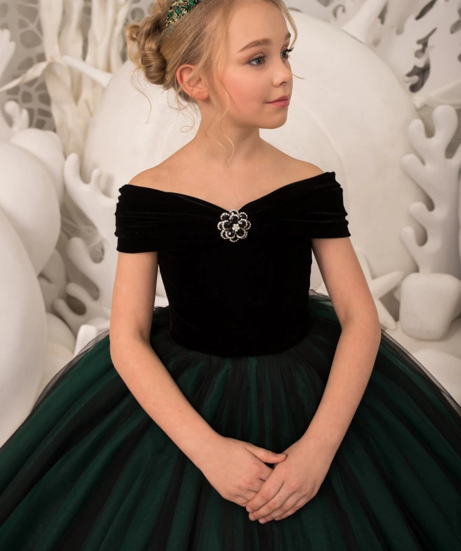 Black Velvet Tulle Flower Girl Dress Pageant Dress