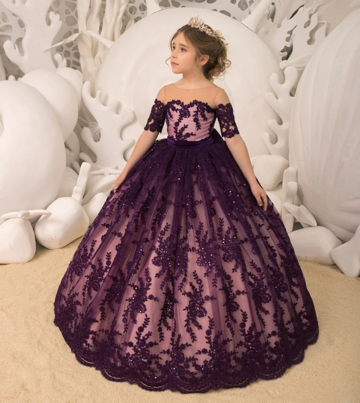 Purple Lace Tulle Flower Girl Dress Pageant Dress