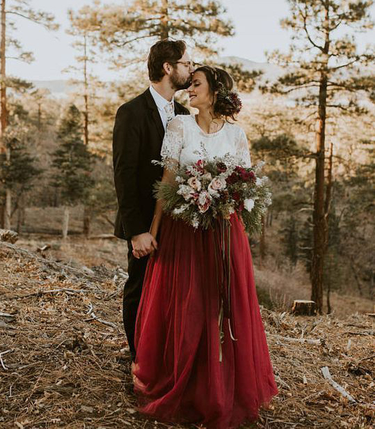 Burgundy Tulle  Bridal Skirt 2 Pieces Wedding Skirt