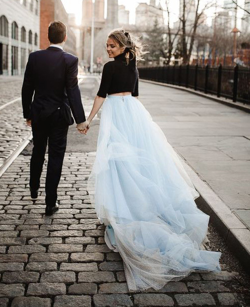 Light Blue long Train Wedding Skirt Bridal Skirt
