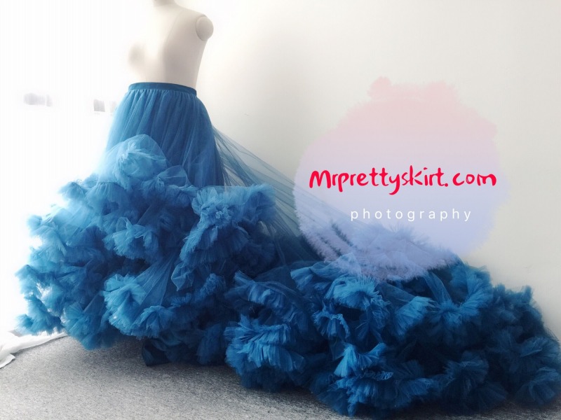 Blue Ruffle Long Train Full Length Tulle Bridal Skirt Women Skirt