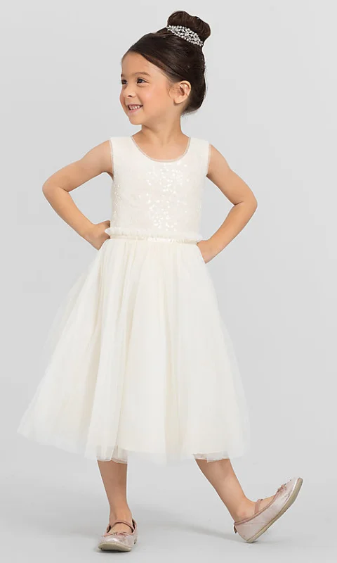 Ivory Sequin Tea Length Flower Girl Dress