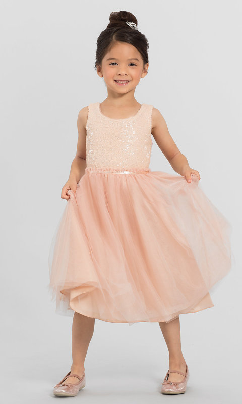 Sequin Tulle Blush Pink Tea Length Flower Girl Dress