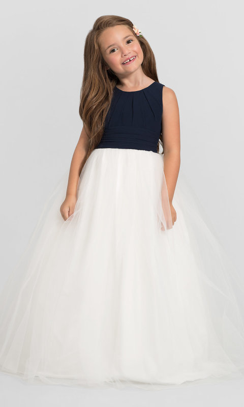 Navy Blue Chiffon Ivory Tulle Full Length Flower Girl Dress