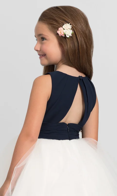 Navy Blue Chiffon Ivory Tulle Full Length Flower Girl Dress