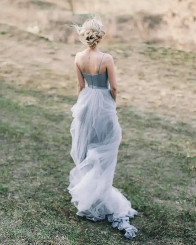 Light Grey Beads Tulle Long Train Bridal Dress Wedding Skirt