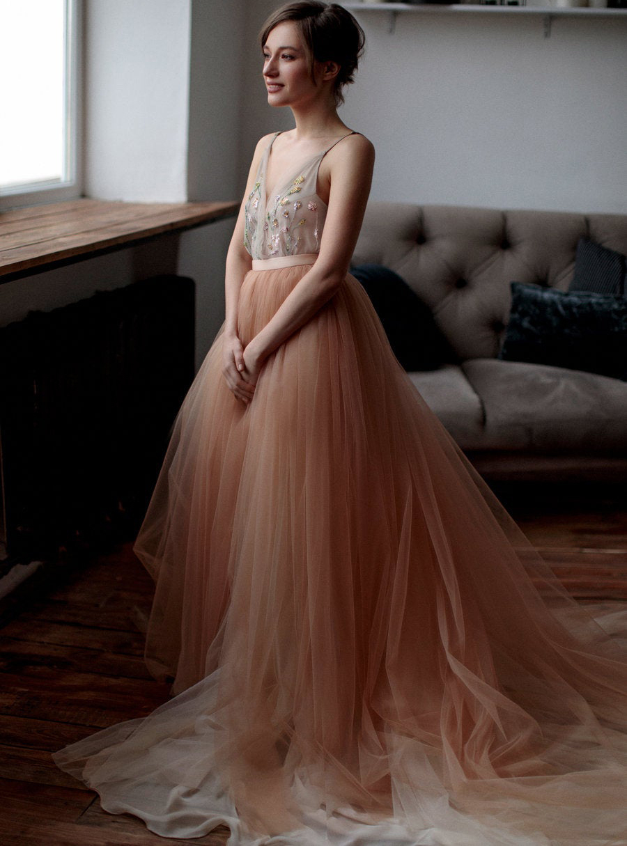 Champagne Beads Tulle Sexy Prom Dress Bridesmaid Dress