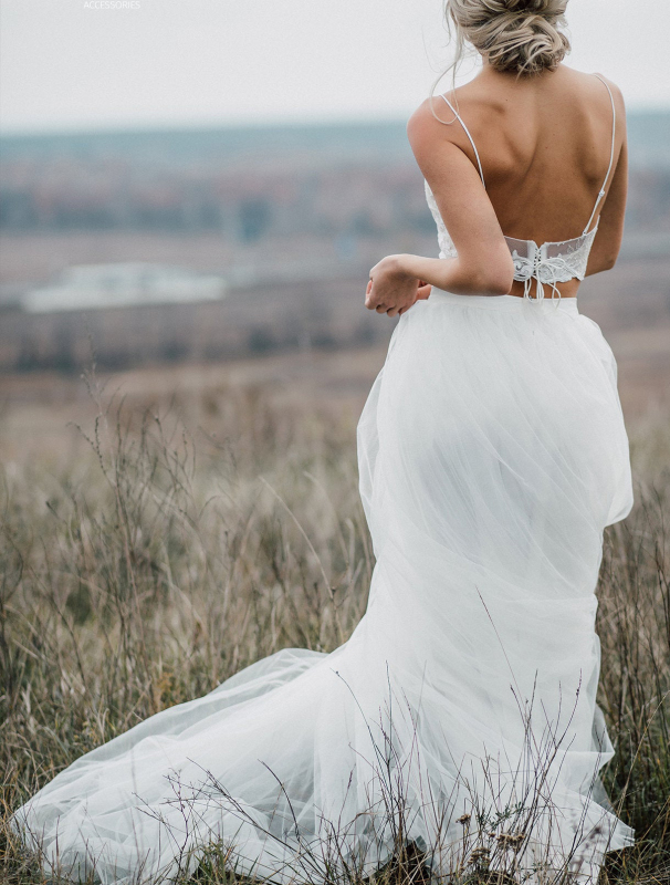 Ivory Two Pieces Lace Up long Train Bridal Dress Wedding Skirt