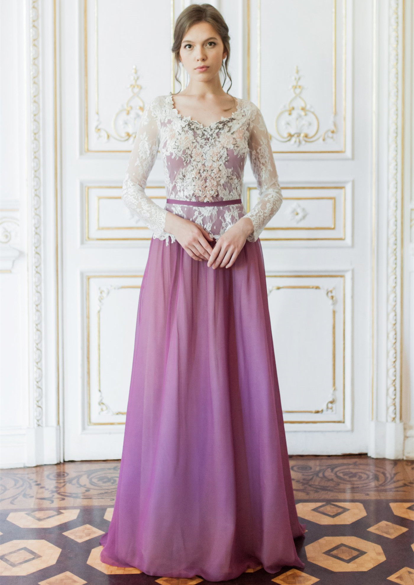 Long Sleeve Purple Chiffon Bridal Gown