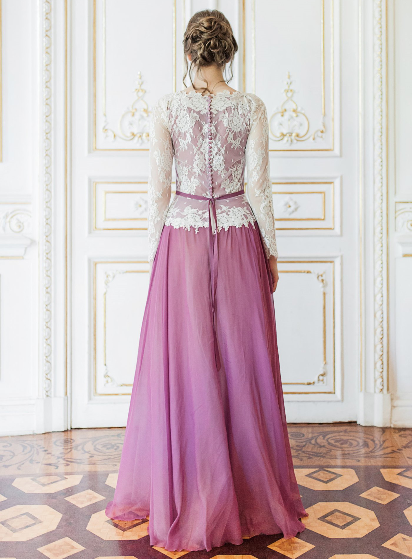 purple wedding dress long sleeve Champagne Tulle Purple Appliques High Neck Long Sleeve Wedding Dress