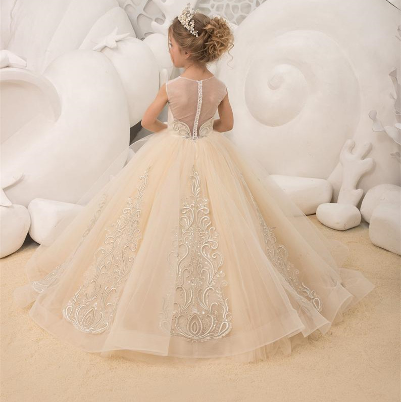 Light Champagne Full Length Lace Tulle Flower Girl Dress Party Dress Pageant Dress