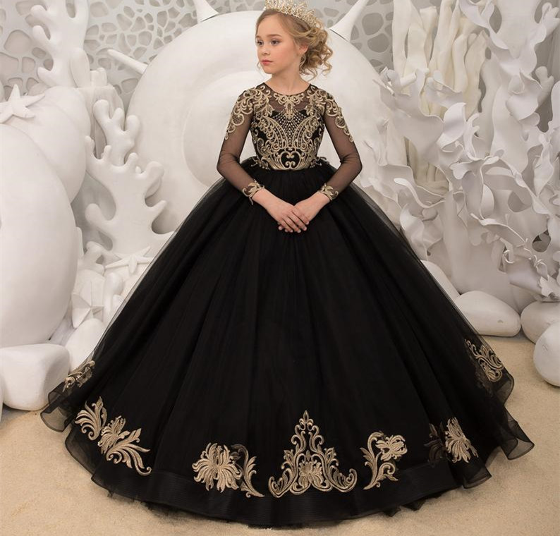 Black Lace Tulle Full Length Flower Girl Dress Party Dress Pageant Dress
