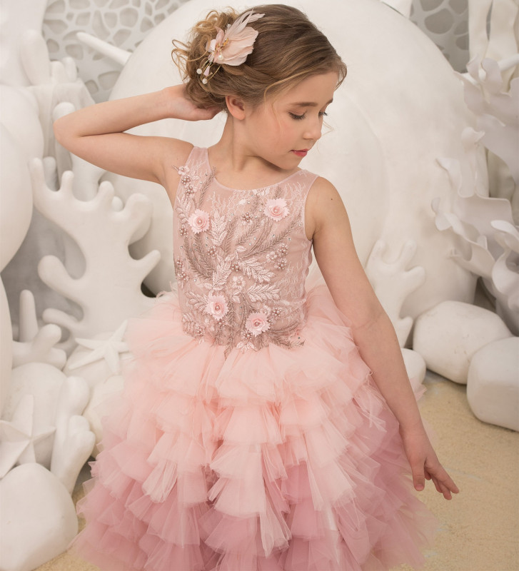 Pink Lace Tulle Knee Length Flower Girl Dress Party Dress Pageant Dress