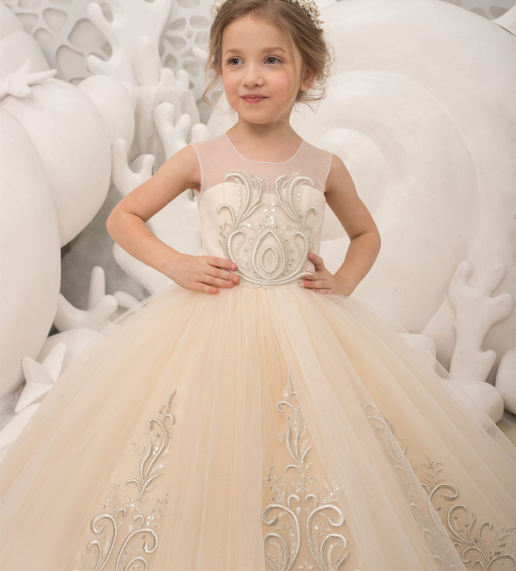 Light Champagne Full Length Lace Tulle Flower Girl Dress Party Dress Pageant Dress