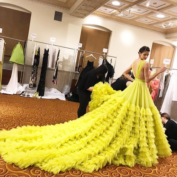 Yellow Long Train Vback Sexy Prom Dress special occasion skirt