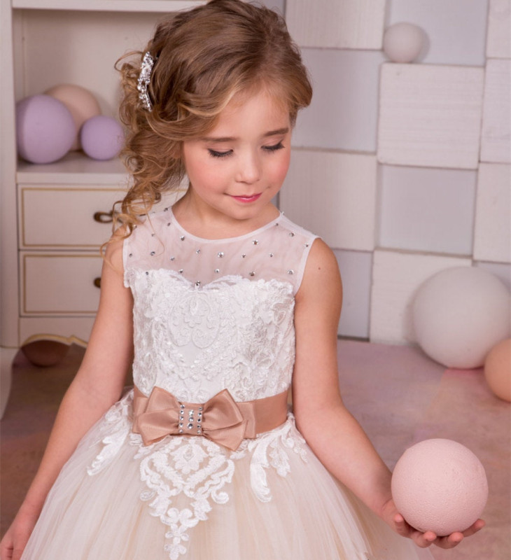 Ivory Lace Tulle Full Length Flower Girl Dress Girls Party Dress