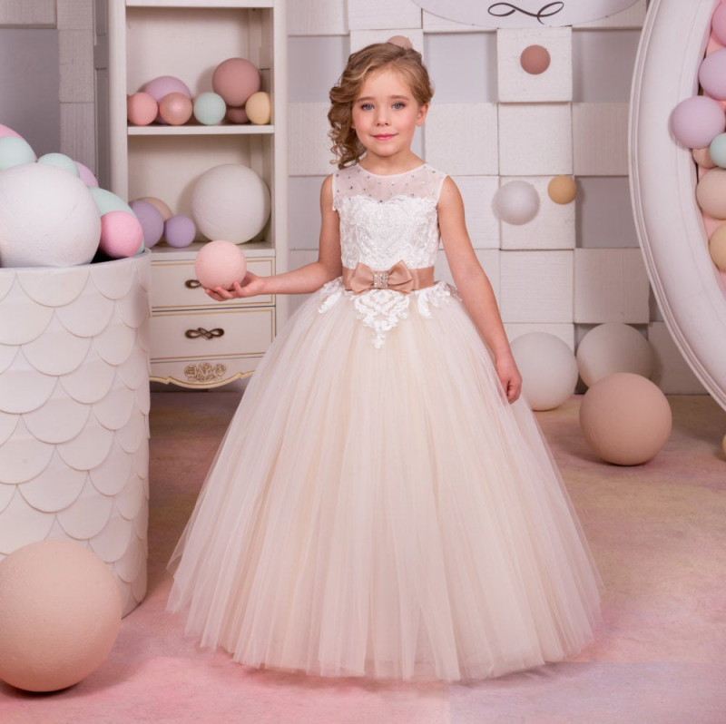 Ivory Lace Tulle Full Length Flower Girl Dress Girls Party Dress