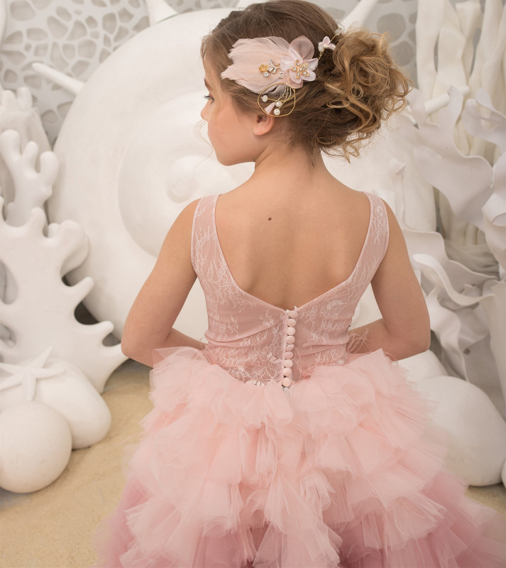 Pink Lace Tulle Knee Length Flower Girl Dress Party Dress Pageant Dress