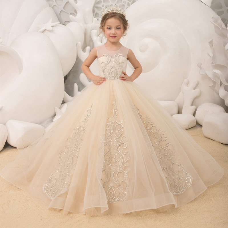 Light Champagne Full Length Lace Tulle Flower Girl Dress Party Dress Pageant Dress