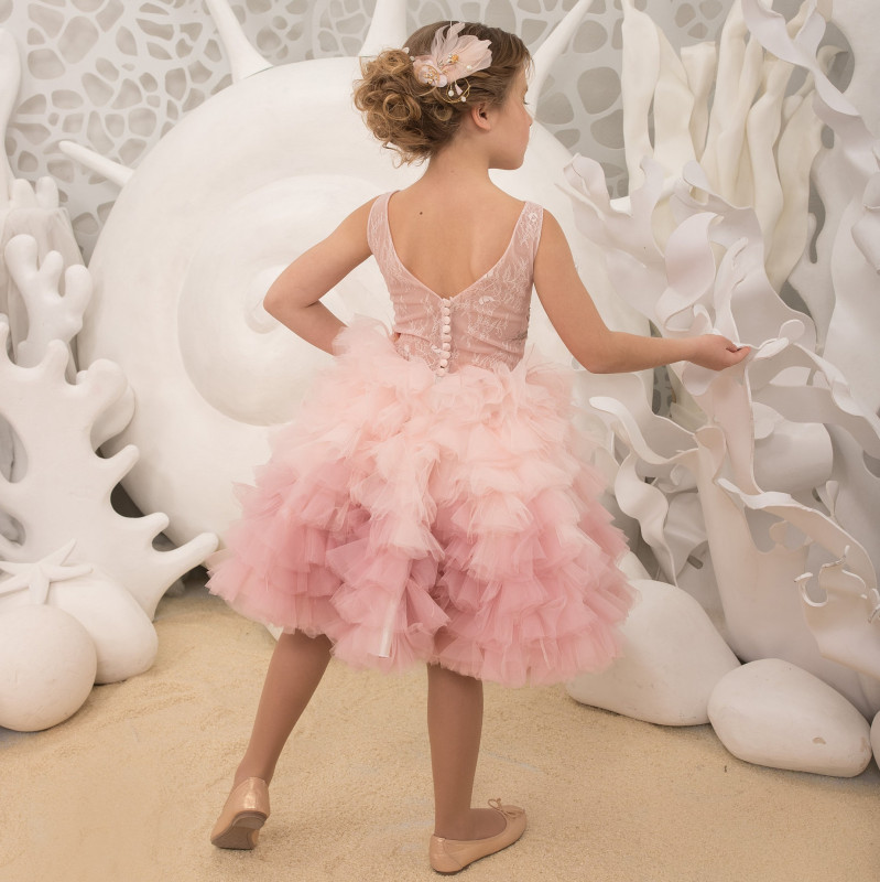Pink Lace Tulle Knee Length Flower Girl Dress Party Dress Pageant Dress
