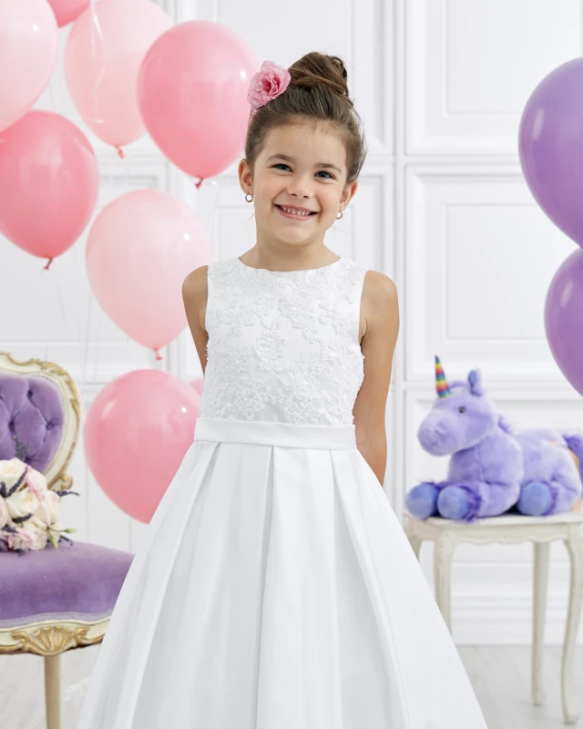 White Full Length Lace Satin Flower Girl Dress Party Dress Pageant Dress Communion Dress