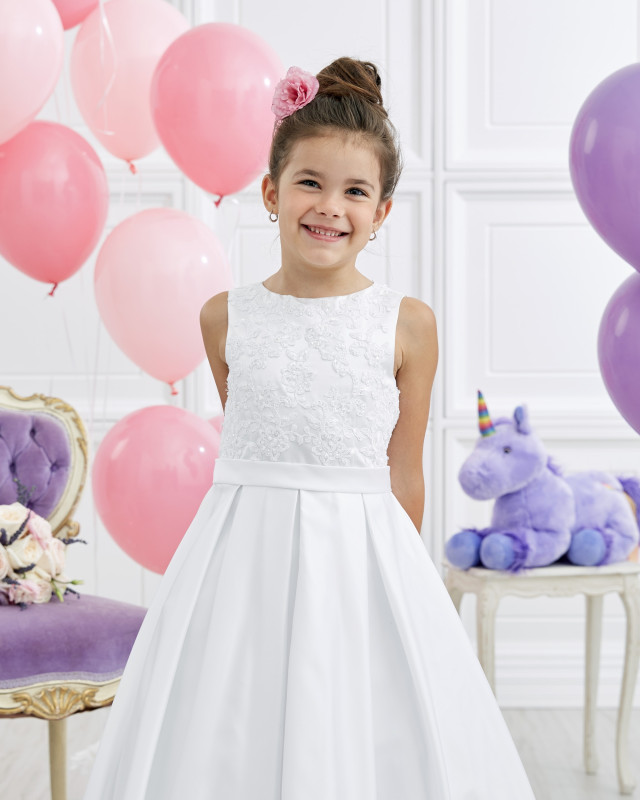 White Full Length Lace Satin Flower Girl Dress Party Dress Pageant Dress Communion Dress