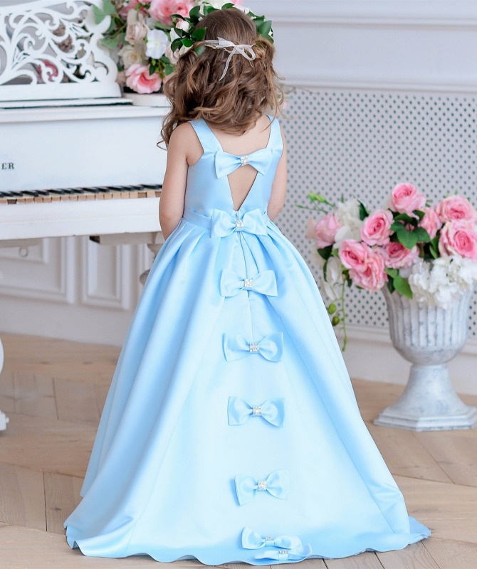 Blue Satin Full Length Flower Girl Dress Party Dress Pageant Dress