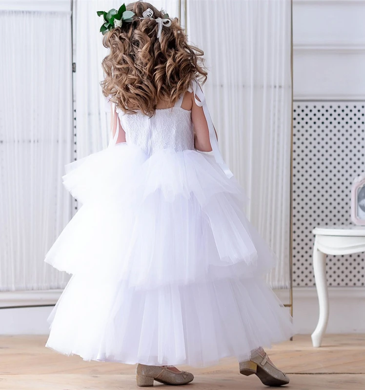 White Ankle Length Cupcake Lace Tulle Flower Girl Dress Party Dress Pageant Dress Communion Dress