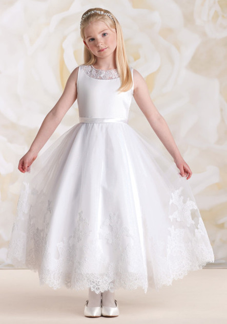 White Ankle Length Lace Satin Flower Girl Dress Party Dress Pageant Dress Communion Dress