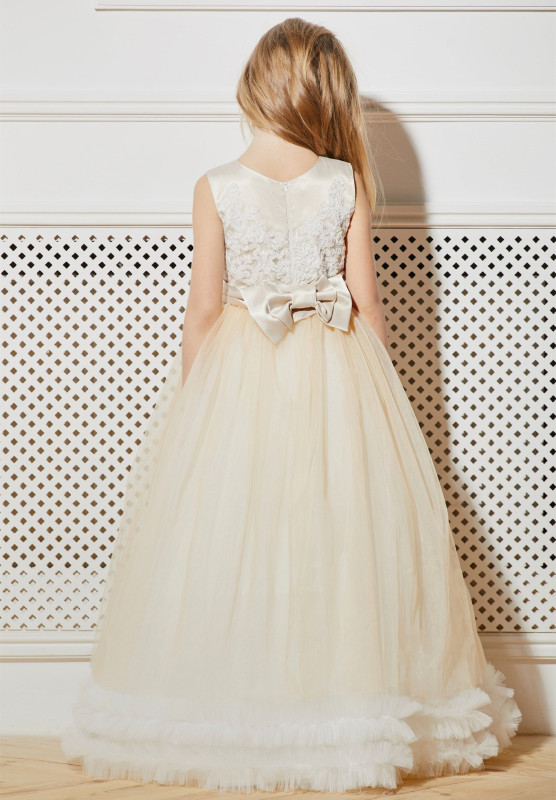 Light Champagne  Full Length Lace Tulle Flower Girl Dress Party Dress Pageant Dress