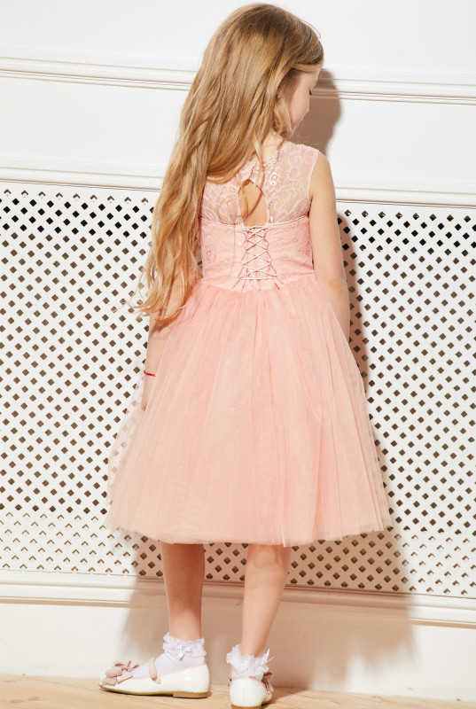 Light Pink Lace Tulle Lace Up Knee Length Flower Girl Dress Party Dress Pageant Dress