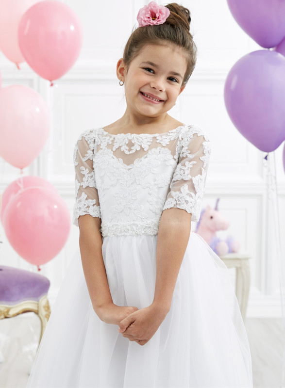 White Full Length Lace Tulle Flower Girl Dress Party Dress Pageant Dress Communion Dress