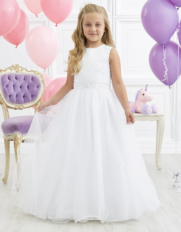 Ivory Full Length Tulle Pearls Flower Girl Dress Party Dress Pageant Dress Communion Dress