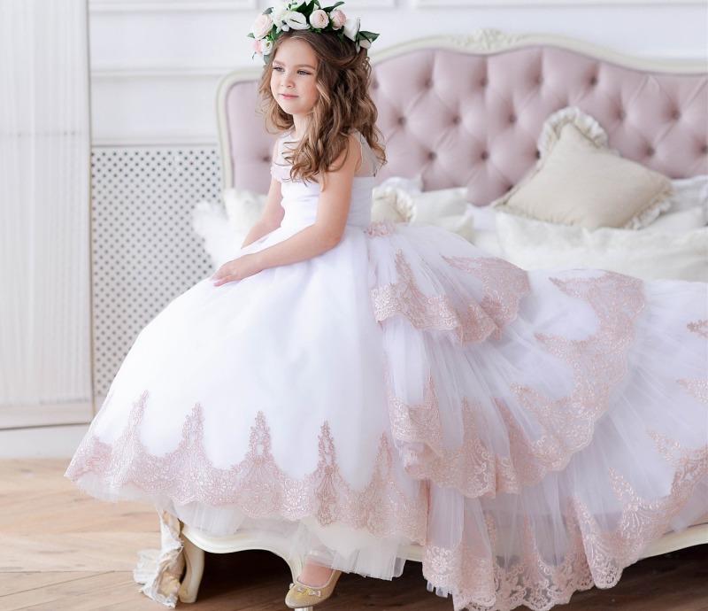 Ivory Short Train Lace Tulle Flower Girl Dress Party Dress Pageant Dress