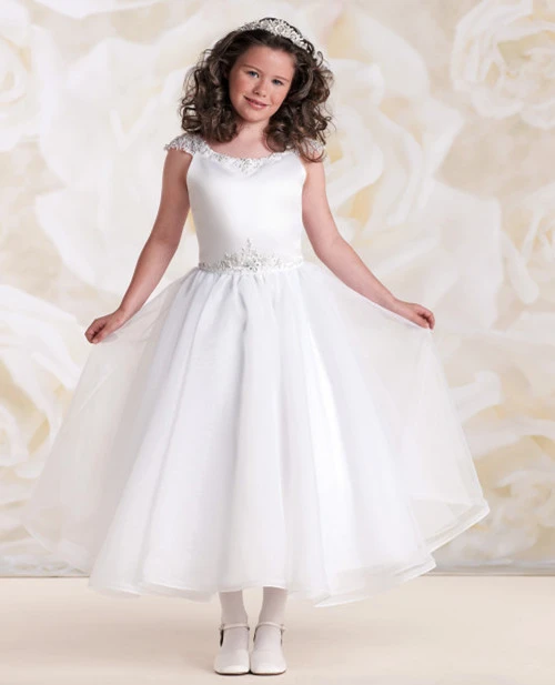 White Ankle Length Lace Satin Flower Girl Dress Party Dress Pageant Dress Communion Dress