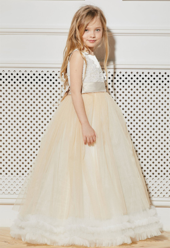 Light Champagne  Full Length Lace Tulle Flower Girl Dress Party Dress Pageant Dress