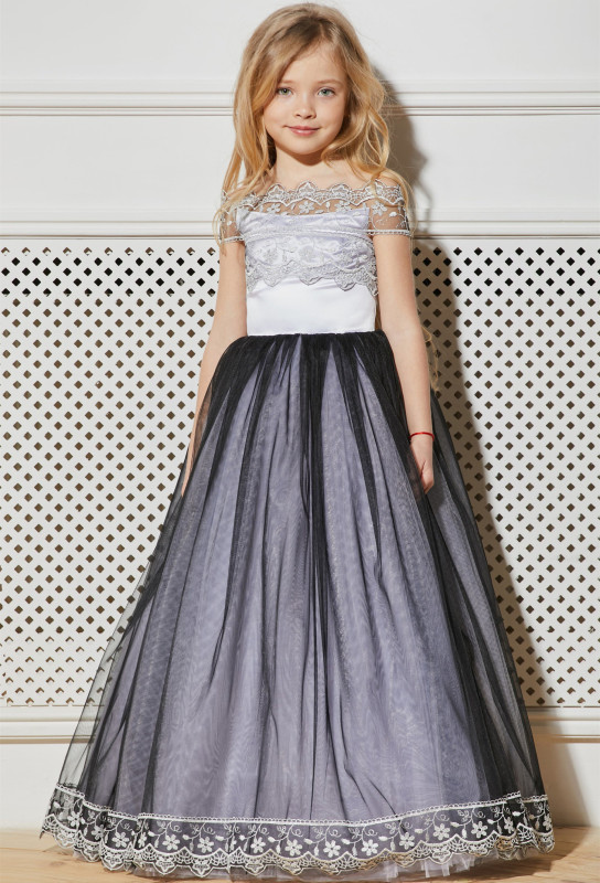 Navy Blue Full Length Lace Tulle Flower Girl Dress Party Dress Pageant Dress